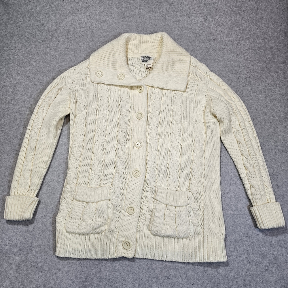 Vintage 70s Sears Cream Cable Knit Cowl Neck Cardigan Womens Size Large Buttons